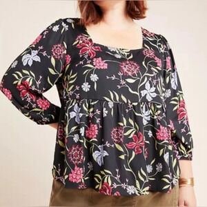 Anthropologies Dolan Top Black Floral Blouse Size Small Gray Long 3/4 Sleeve